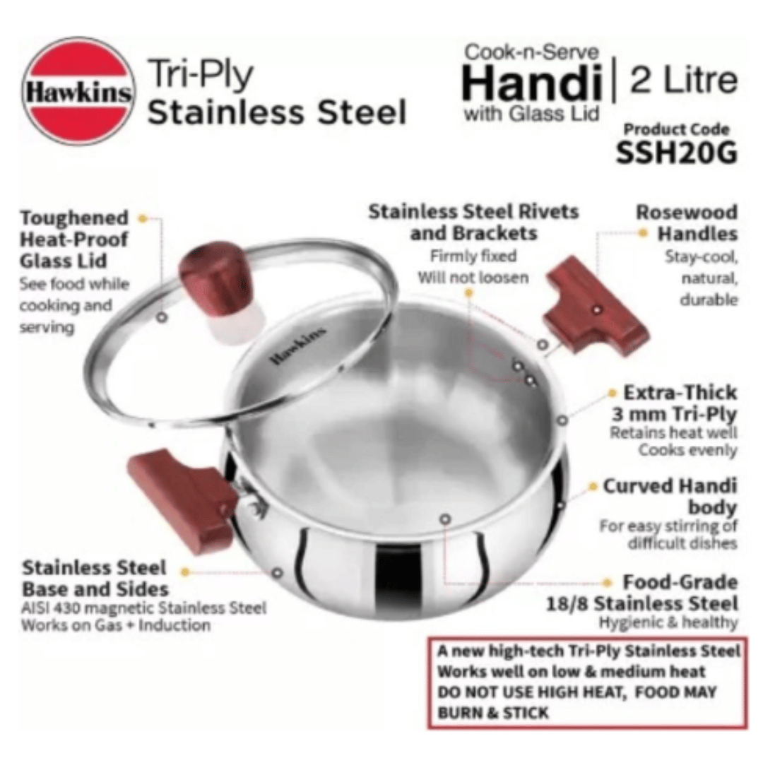 Hawkins 2 Litre Handi, Triply Stainless Steel with Glass Lid SSH20G