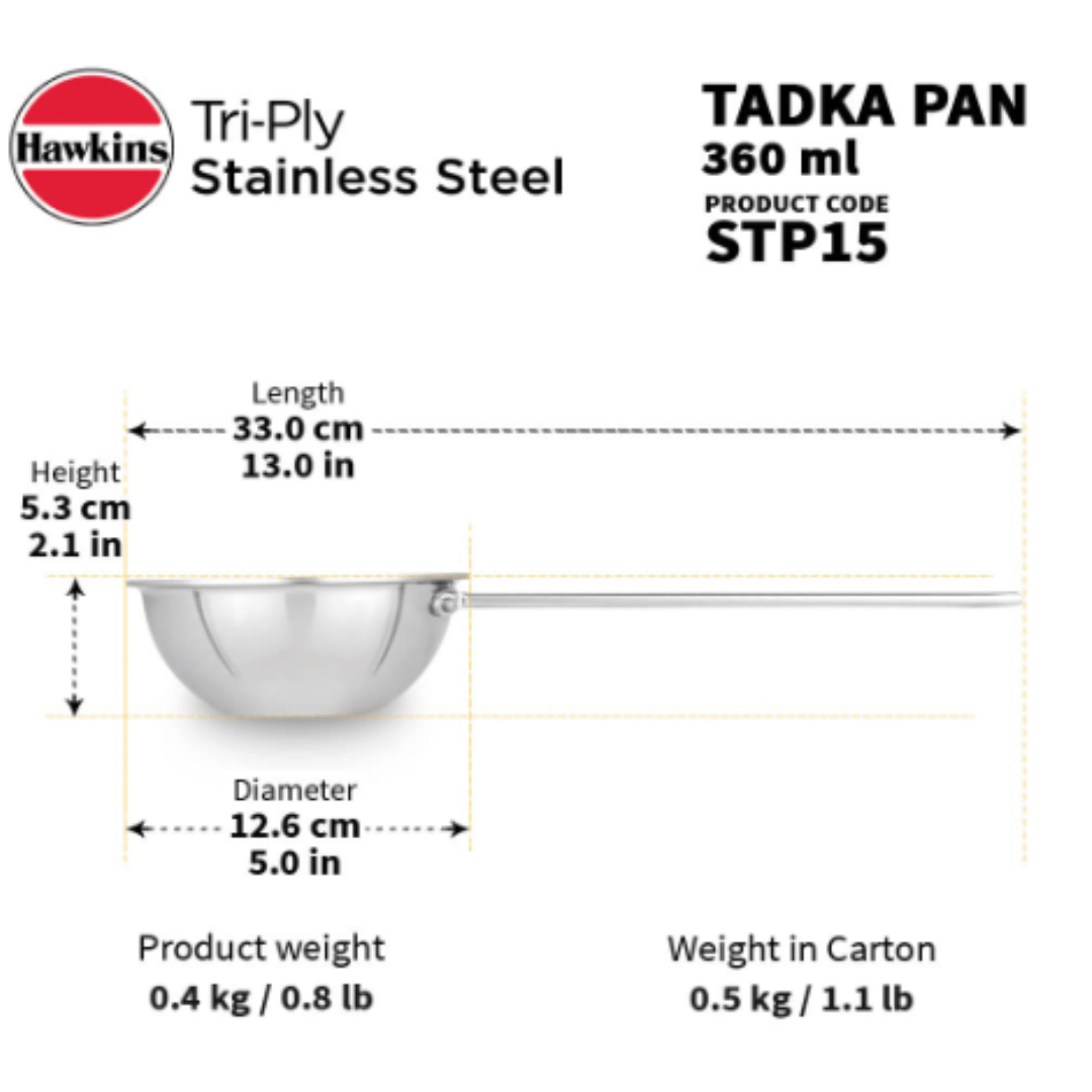 Hawkins 1.5 Cup Tadka Pan, 360 ml Triply Stainless Steel STP15