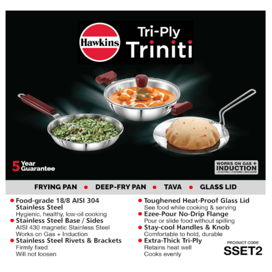 Hawkins Triniti 3 Pieces Triply Stainless Steel Cookware Set 2 - Frying Pan, Tava, Deep-Fry Pan with Glass Lid, Silver SSET2