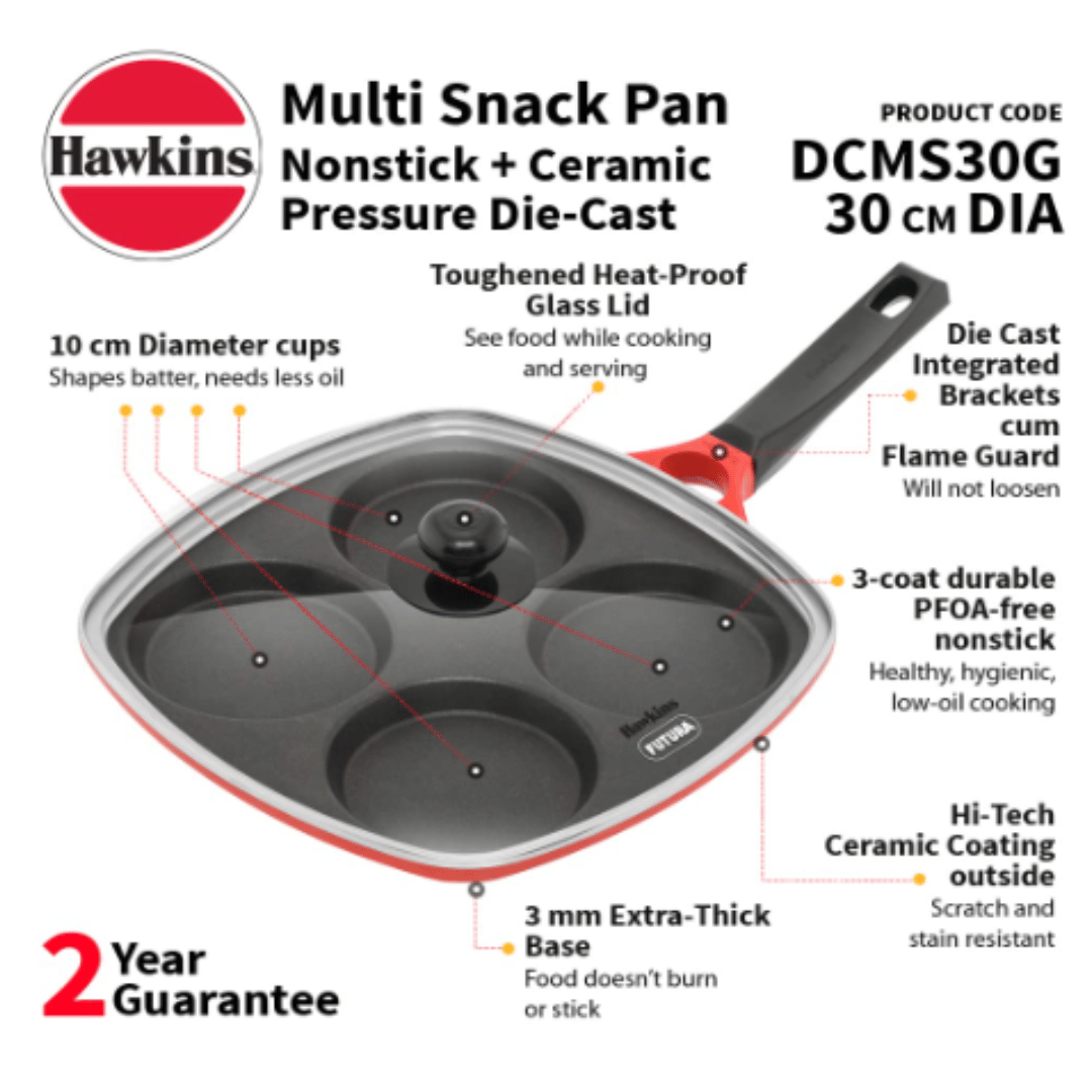 Hawkins 30 cm Die-Cast Multi Snack Pan with Glass Lid, Nonstick Mini Uttapam Tawa, Pancake Pan, DCMS30G