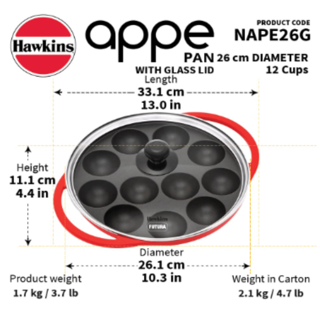 Hawkins 26 cm DIE-CAST Appe Pan, Non Stick Paniyaram Pan with Glass Lid, 12 Cups Paniyarakkal Ceramic Pan, Litti Pan, Kuzhi Paniyaram Pan, Ponganalu Pan, Red NAPE26G