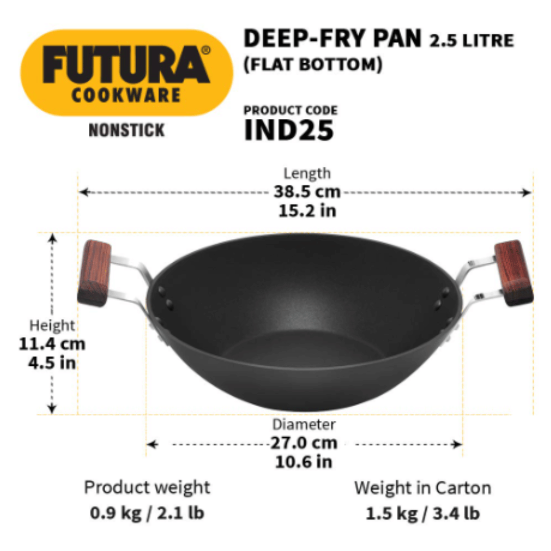 Hawkins 2.5 Litre Futura Non Stick Deep Fry Pan, Flat Bottom, Black, IND25