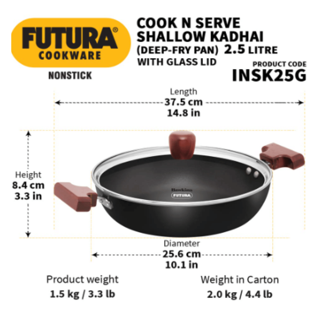 Hawkins 2.5 Litre Futura Shallow Kadai, Nonstick Kadai with Lid, Flat Bottom, Induction, Black INSK25G