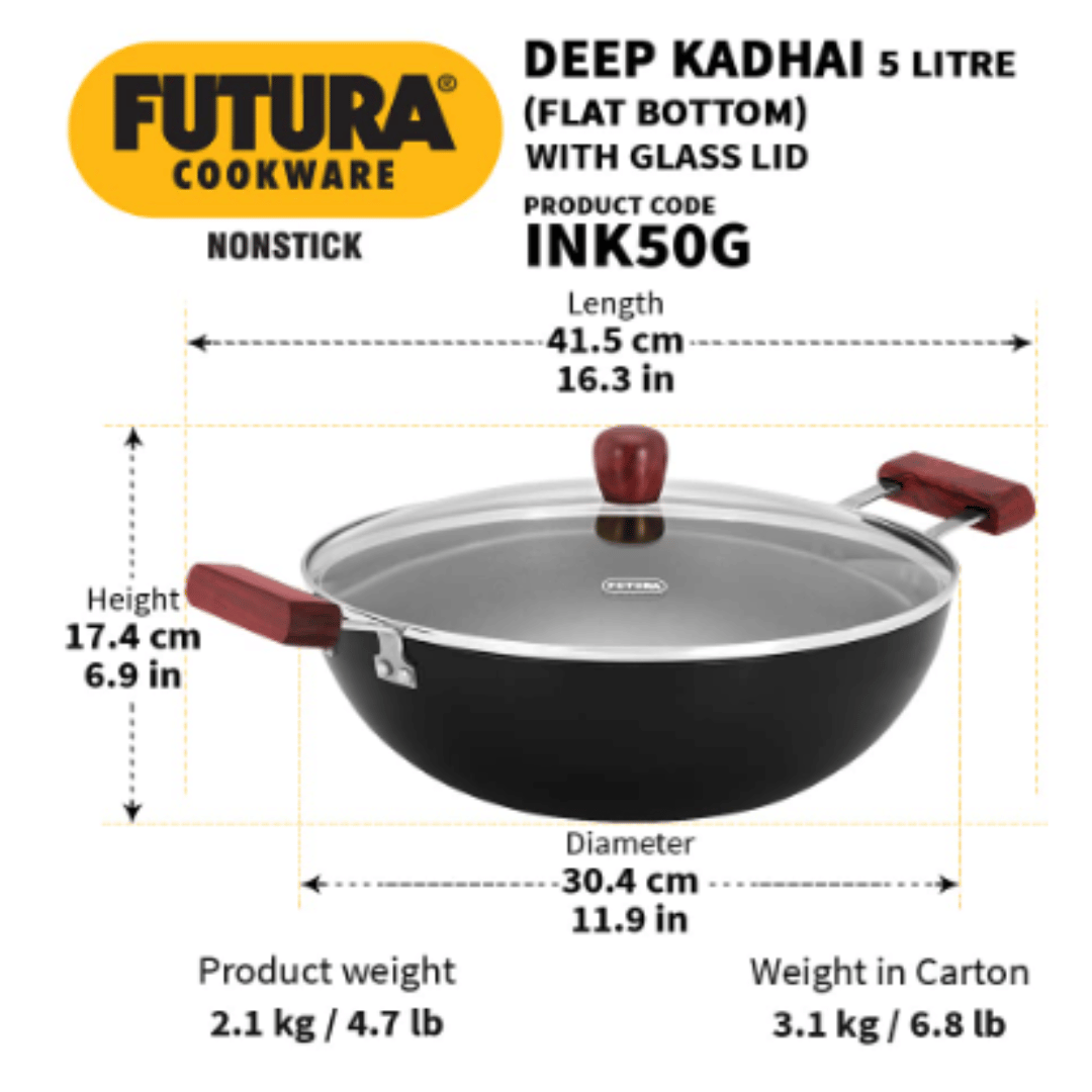 Hawkins 5 Litre Futura Nonstick Deep Kadai with Glass Lid, Flat Bottom Induction, Black INK50G