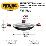 Hawkins 0.9 Litre Futura Nonstick Deep Fry Pan with Glass Lid, Round Bottom, Black NBFP09G