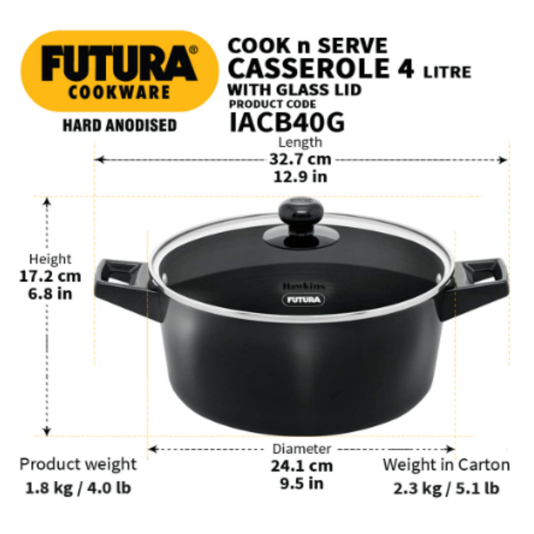 Hawkins Futura 4 Litre Cook N Serve Stewpots Bowl, Casserole, Hard Anodised Saucepan with Glass Lid, IACB40G