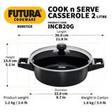 Hawkins Futura 2 Litre Cook N Serve Stewpots Bowl, Casserole, Hard Anodised Saucepan with Glass Lid, INCB20G