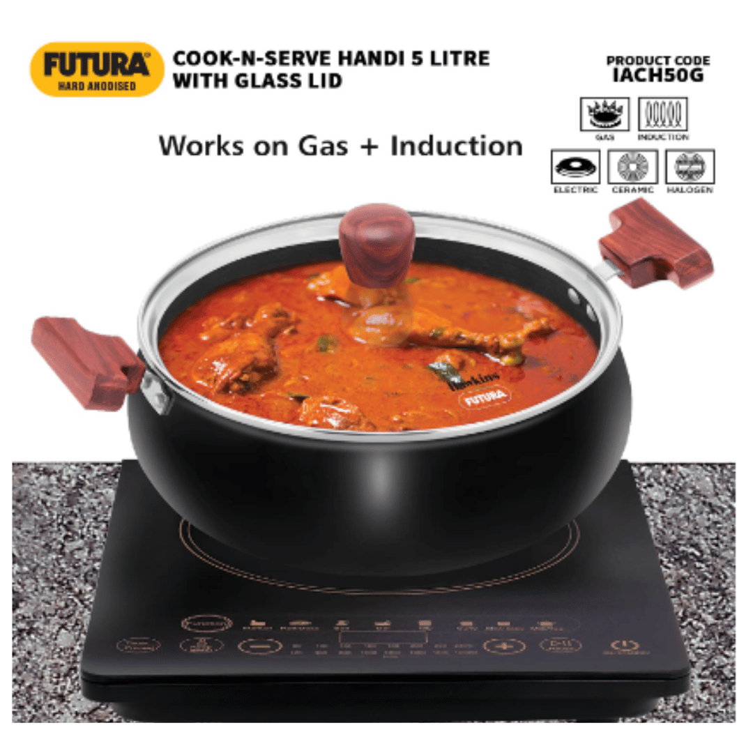 Hawkins Futura 5 Litre Cook N Serve Handi, Hard Anodised Biryani Handi with Glass Lid, IACH50G