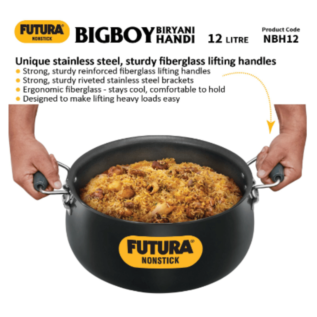 Hawkins Futura 12 Litre Biryani Handi, Non Stick Pot with Hard Anodised Lid, NBH12