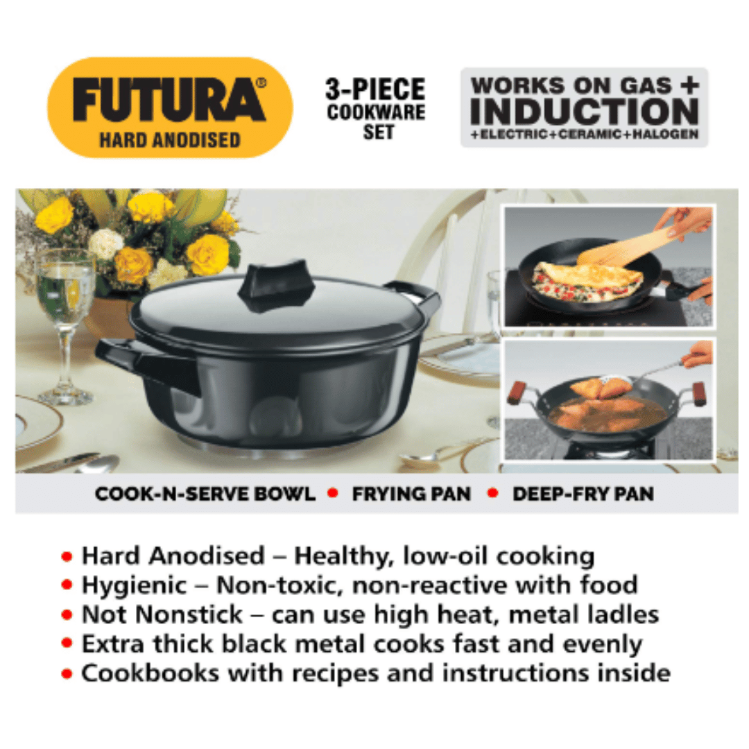 Hawkins Aluminium Futura 3 Pieces Cookware Set 1, Induction Cookware Set - Hard Anodised Frying Pan, Kadhai And Cook-N-Serve Bowl With One Hard Anodised Lid, IASET1