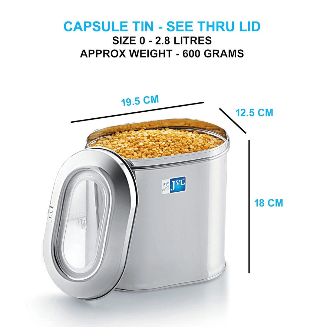 JVL Stainless Steel Storage Capsule Tin With See Through Lid (CPT-0)
