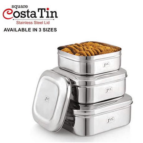 JVL Stainless Steel 2100ml Square Costa Tin Shape Container Box With Steel Lid (SCS-2) 