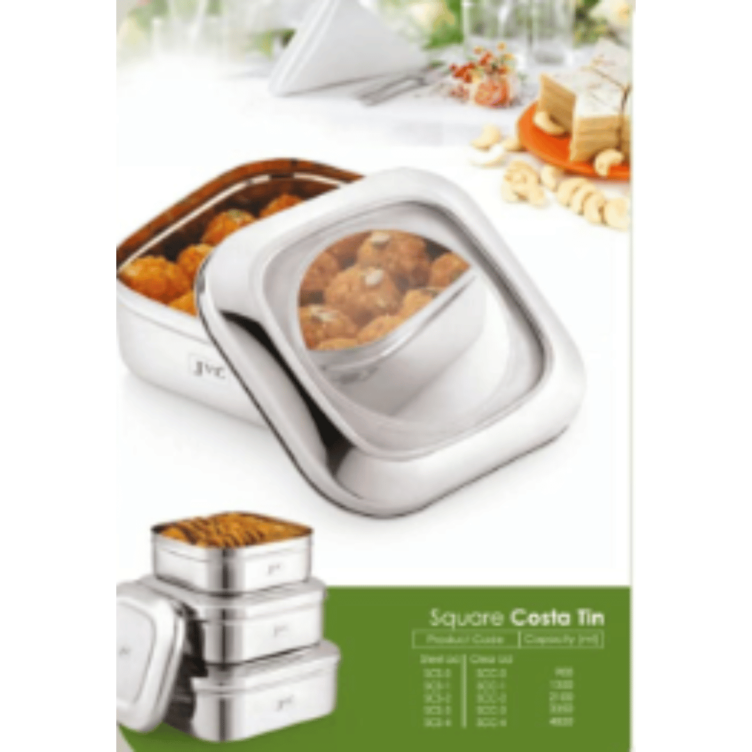 JVL Stainless Steel 3350ml Square Costa Tin Shape Container Box With Steel Lid (SCS-3) 