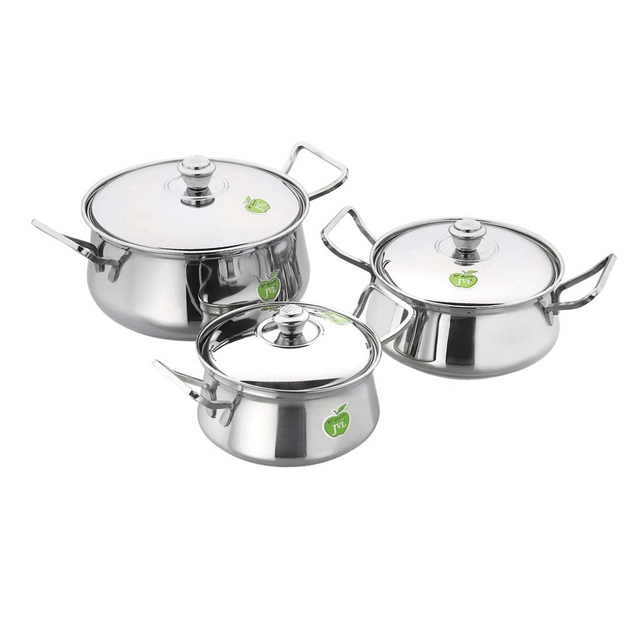 JVL Stainless Steel 850ml,1300ml,2200ml Opus Pot Handi Plain With Lid & Handle 3 Pcs Set


