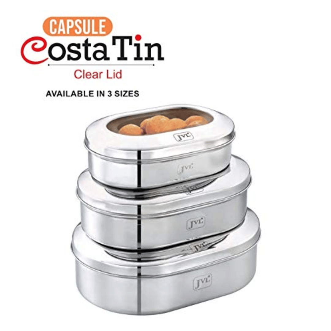 JVL Stainless Steel Kitchen's Storage Costa Capsule Shape Container Box with See Thorugh Lid - Medium (2000 ml )