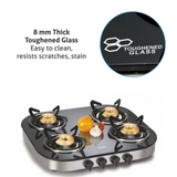 Glen 4 Burner Glass Gas Stove 1 High Flame 3 Brass Burner Round Corners (1046 GT)