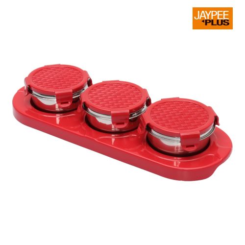 Jaypee plus ZETA-3 Airtight Inner Stainless Steel Dry Fruit Container Set of 3 with Tray 3N - 350 ml Red