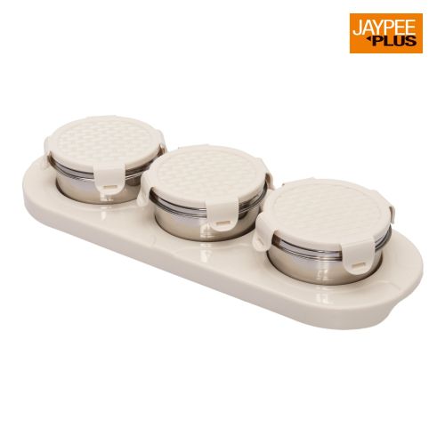 Jaypee plus ZETA-3 Airtight Inner Stainless Steel Dry Fruit Container Set of 3 with Tray 3N - 350 ml IVORY