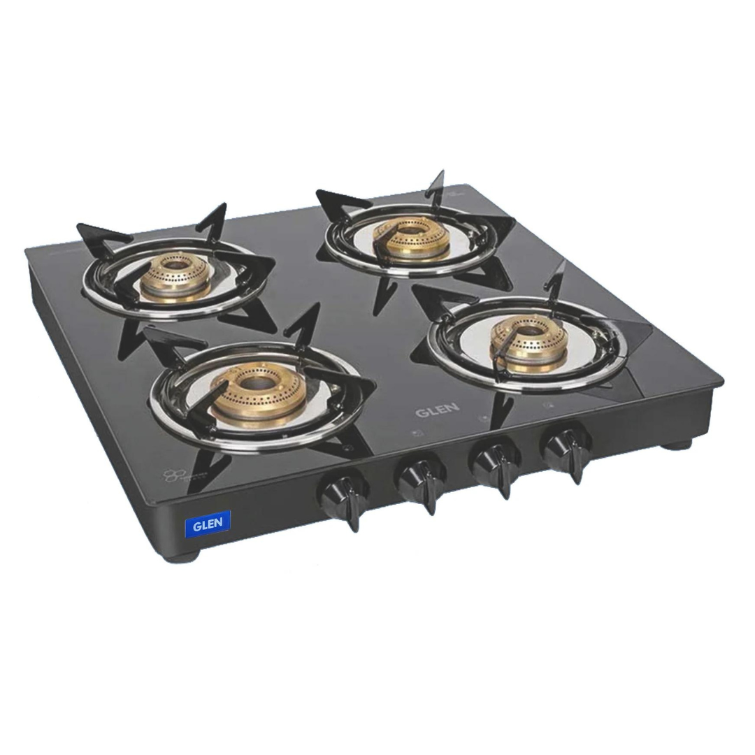 Glen CT 1040 GT XL Junior BB Black 4 Burner Glass Gas Stove Junior with Brass Burners Black