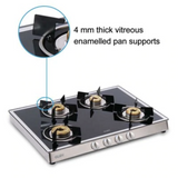 Glen  4 Burner Glass Gas Stove Mirror Finish 1 High Flame 3 Forged Brass Burner 70 CM (1048 GT FBM)