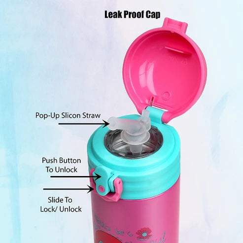 Probott Dazzle 400ml Kids Sipper Water Bottle – Stainless Steel Hot & Cold Vacuum Flask with Push Button Locking System, Pink | PB 400-03