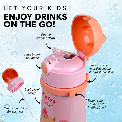 School Champ 370ml Sipper Bottle for Kids with Straw & Carry Strap, Pink | Stainless Steel Hot & Cold Water Bottle | PB 370-01