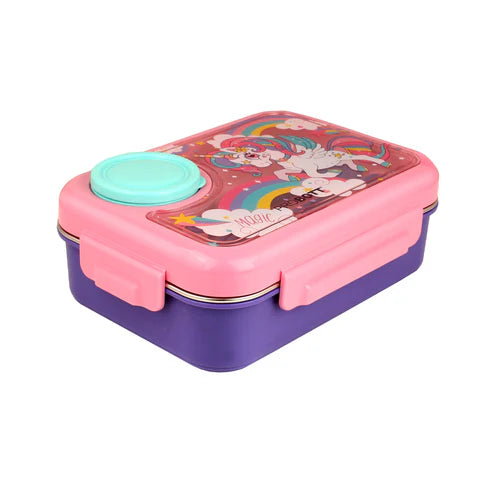 Fun Time 750ml Stainless Steel Lunch Box with 80ml Bowl, Spoon &amp; Fork | 3-Grid Tiffin Box with Character Lid | Leak-Proof BPA-Free | Ideal for School | PBH 6027