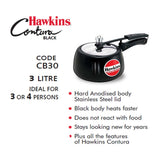 Hawkins Contura Black Pressure Cooker 3 Litre: CB30 with Hawkins Genuine 2 Gasket & 2 Safety Valve