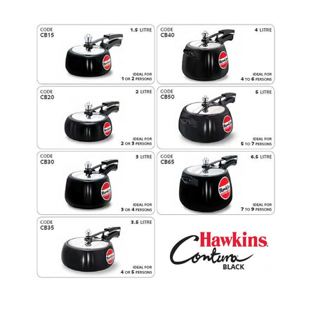 Hawkins Contura Black Pressure Cooker 3.5 Litre: CB35 with Hawkins Genuine 2 Gasket & 2 Safety Valve