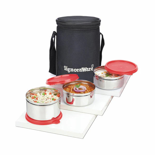 SignoraWare Executive Stainless Steel Lunch Box Set, Set of 3, Medium Available in Red, Blue, Violet, English Blue, English Green, English Magenta