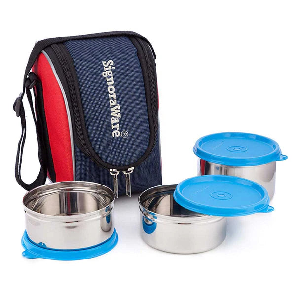Signoraware Executive Hot Steel Medium Lunch Box Colurs Red, Blue, Violet