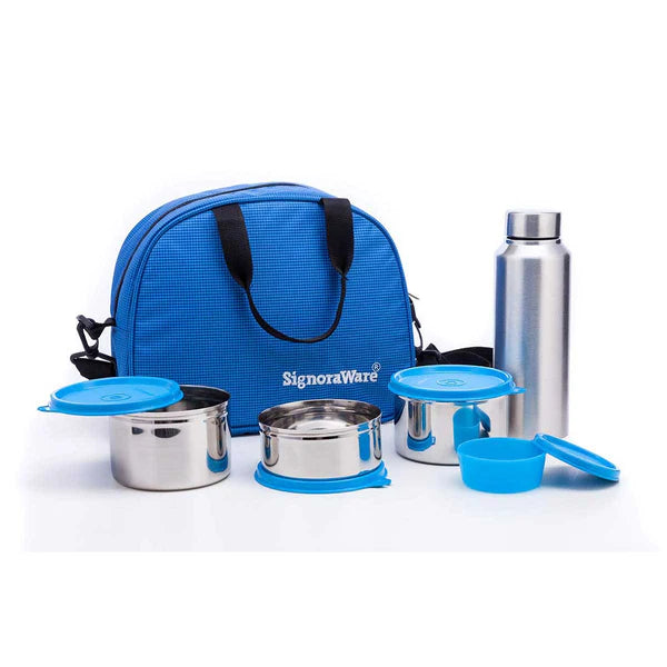 Signoraware Sling Steel Lunch Box with Steel Bottle, Set of 5 Blue