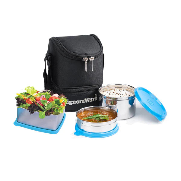 Signoraware Trio Steel Lunch Box | 500ml+600ml+200ml Color: Blue, Red, Violet