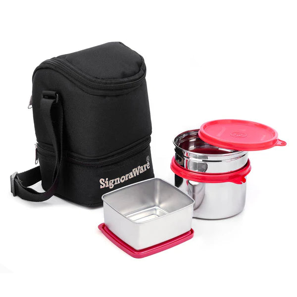 Signoraware Trio Steel Lunch Box | 500ml+600ml+200ml Color: Blue, Red, Violet