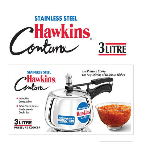 Hawkins Stainless Steel Contura Pressure Cooker 3L SSC30 with Hawkins Genuine 2 Gasket & 2 Safety Valve