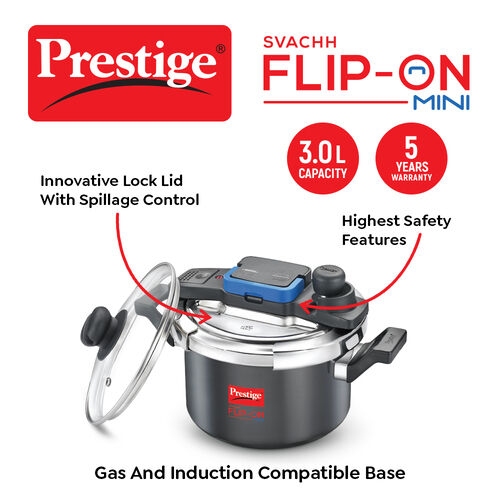 Prestige Svachh Flip-on Mini Hard Anodised Spillage Control Pressure Cooker with Glass Lid, 3 Litre (Black) 20168