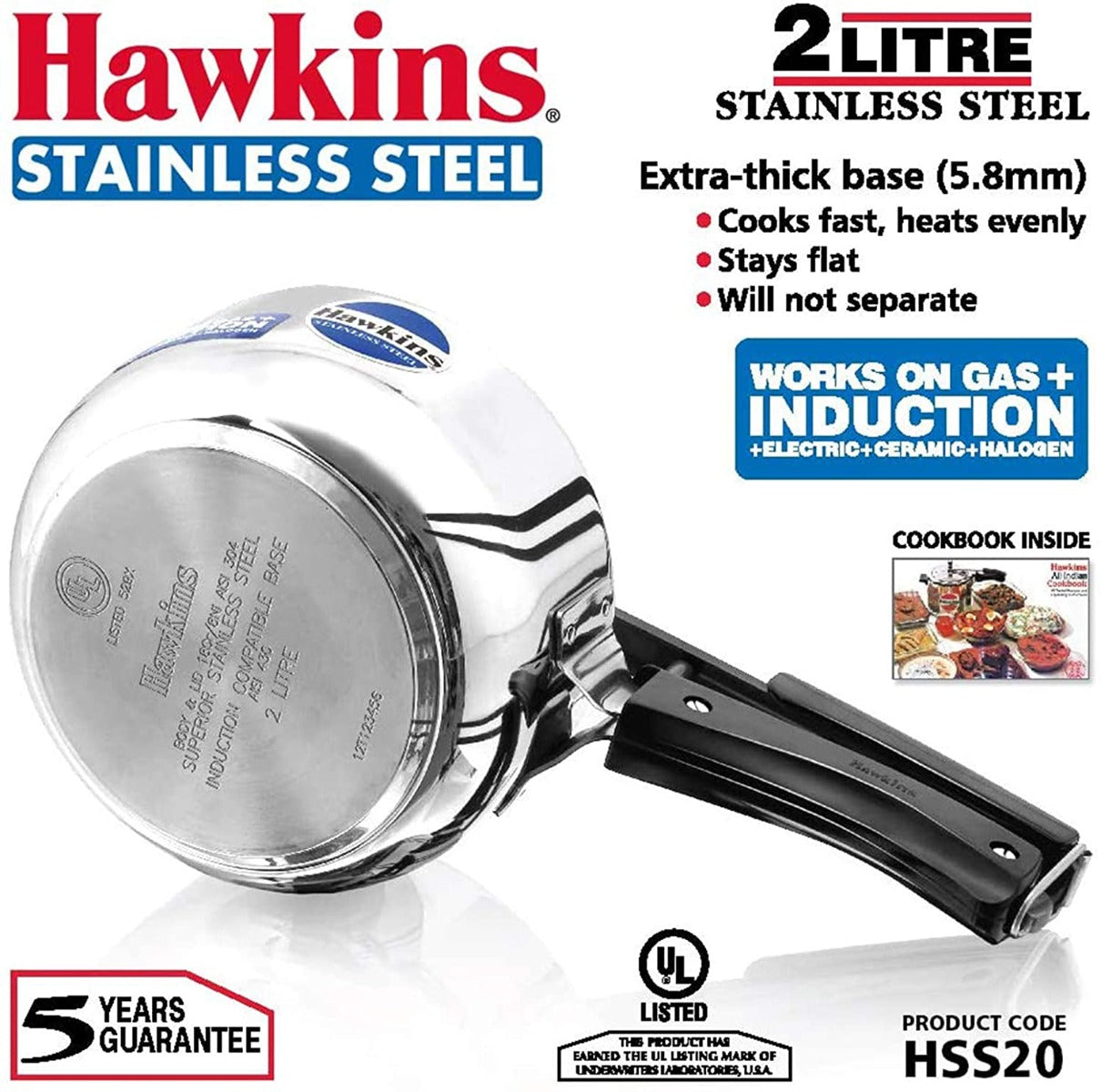 Hawkins Stainless Steel Pressure Cooker, 2 Litres, Silver & Hawkins Contura Pressure Cooker, 2 Litres, Silver