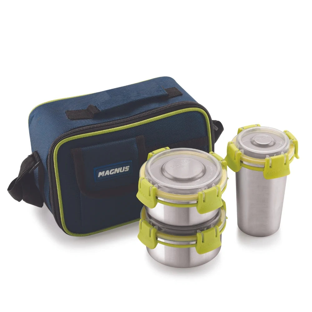 Ethos 3 Stainless Steel Lunch Box Set | 2 Containers & 1 Glass | Air-Tight, Leakproof, Insulated Bag | Ideal for Kids, Office Men & Women | Green