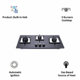 Elica FLEXI SWIRL 3B 75 MT Hob Gas Stove Glass Automatic Gas Stove 3 Burners Auto Ignition Glass Top - 1 Large