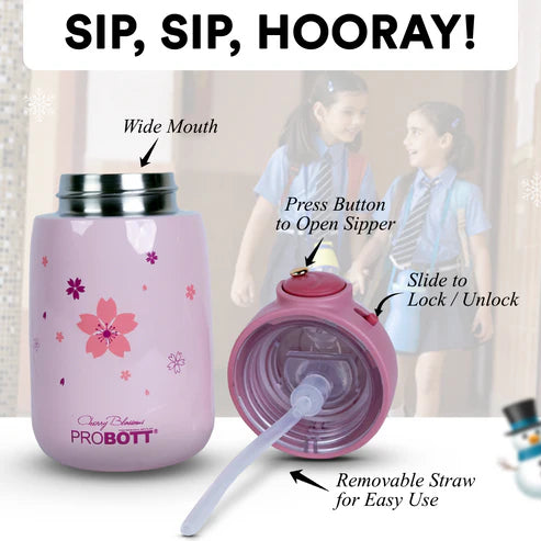 Cool Kid 360ml Hot & Cold Sipper Bottle with Straw & Handle for Kids, Pink | Stainless Steel Vacuum Insulated, Leak-Proof | PB 360-02