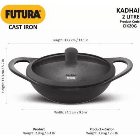 Hawkins Futura Cast Iron Kadhai  2 Litre with Lid (CIK20G)