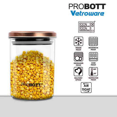 Vetroware 700ml Glass Jar – Round Container with Golden Metal Airtight Cap – Premium, Crystal Clear, Rust-Proof