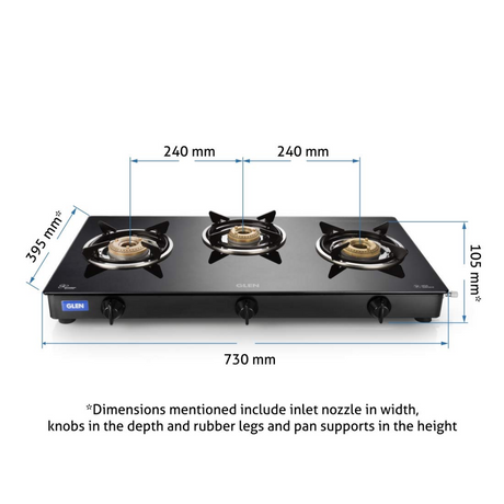 Glen 3 Burner Glass Gas Stove with Brass Burner Black 1034GT BB BL