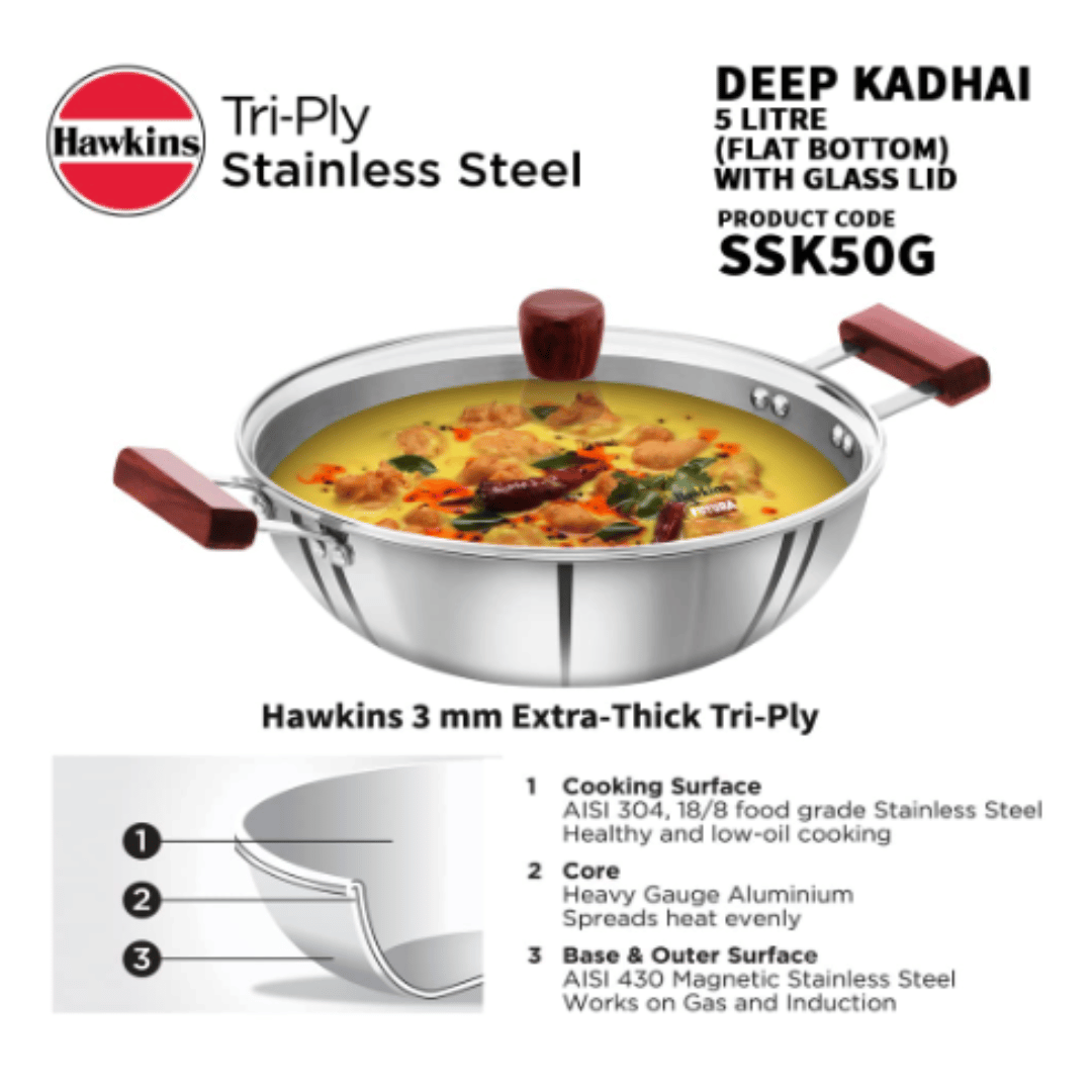 Hawkins 5 Litre Deep Kadhai, Triply Stainless Steel Kadai with Glass Lid Silver, SSK50G