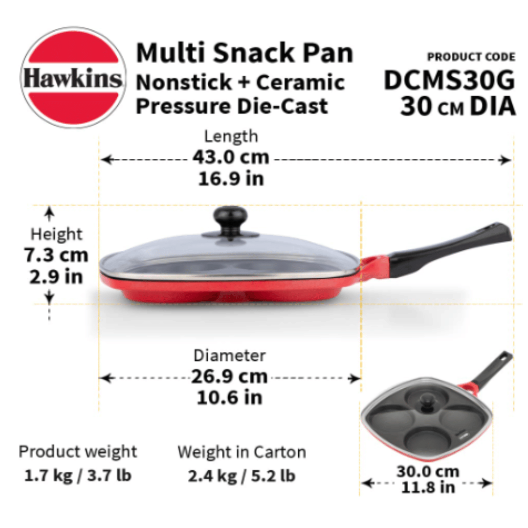 Hawkins 30 cm Die-Cast Multi Snack Pan with Glass Lid, Nonstick Mini Uttapam Tawa, Pancake Pan, DCMS30G