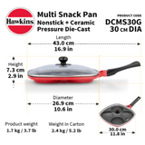 Hawkins 30 cm Die-Cast Multi Snack Pan with Glass Lid, Nonstick Mini Uttapam Tawa, Pancake Pan, DCMS30G