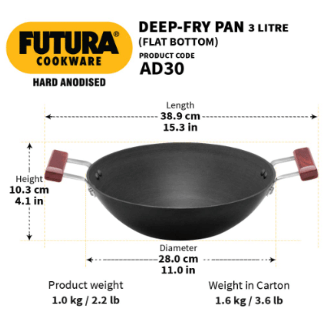 Hawkins 3 Litre Futura Hard Anodised Deep Fry Pan, Without Lid, Black, AD30