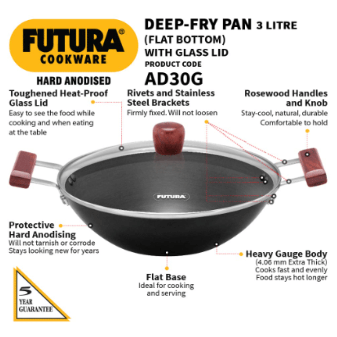 Hawkins 3 Litre Futura Hard Anodised Deep Fry Pan, With Glass Lid, Black, AD30G