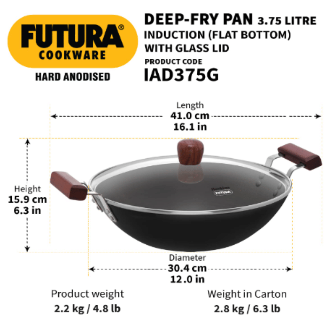 Hawkins 3.75 Litre Futura Hard Anodised Deep Fry Pan With Glass Lid, Induction Base, Black, IAD375G