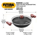 Hawkins 1.5 Litre Futura Hard Anodised Deep Fry Pan With Glass Lid, Round Bottom, Black, AK15G